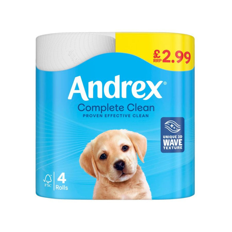 Andrex Complete Clean Toilet Roll 4's White PM£2.99 <br> Pack size: 6 x 4's <br> Product code: 421330