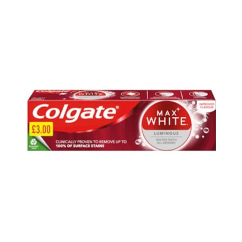 Colgate Toothpaste Max White Luminous 75ml PM£3.00 <br> Pack size: 6 x 75ml <br> Product code: 282738