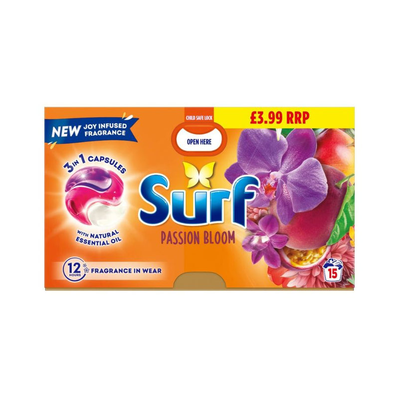 Surf Laundry Washing Detergent Capsules Passion Bloom 15's PM£3.99 <br> Pack size: 4 x 15's <br> Product code: 487173