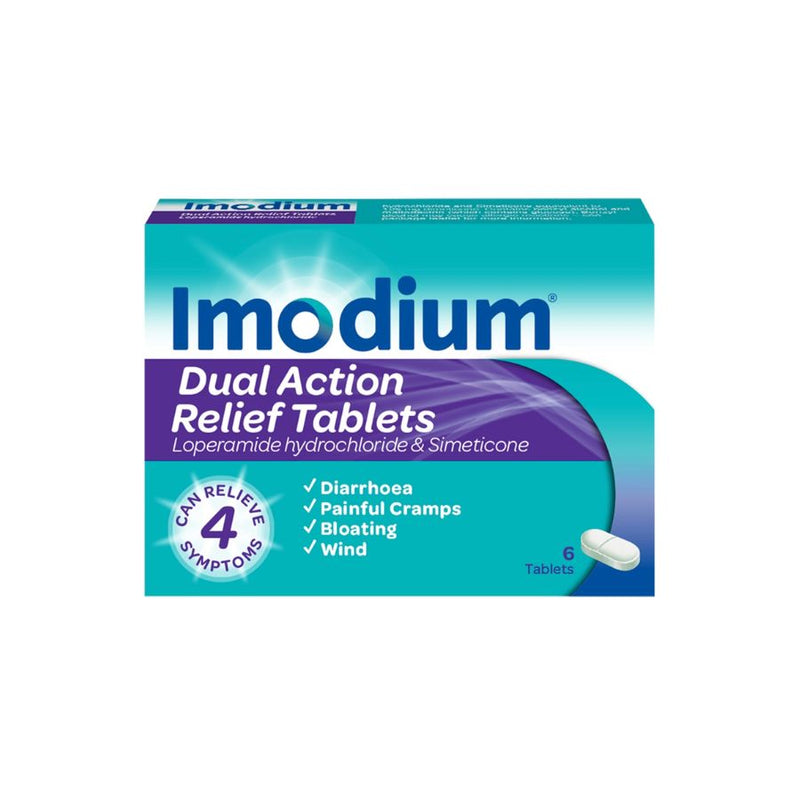 Imodium Dual Action Relief Tablets 6's <br> Pack size: 6 x 6's <br> Product code: 124674