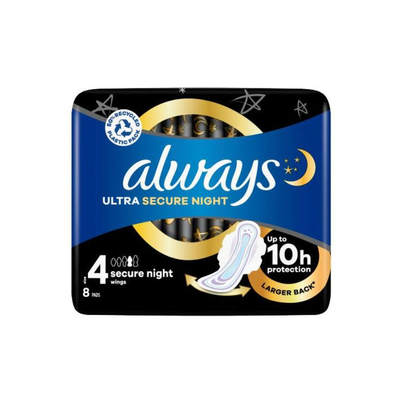 Always Ultra Secure Night With Wings 8's Size 4 <br> Pack size: 20 x 8's <br> Product code: 341509