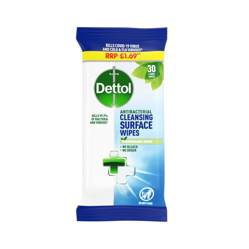 Dettol Surface Wipes 30's PM£1.69 <br> Pack size: 10 x 30's <br> Product code: 553783